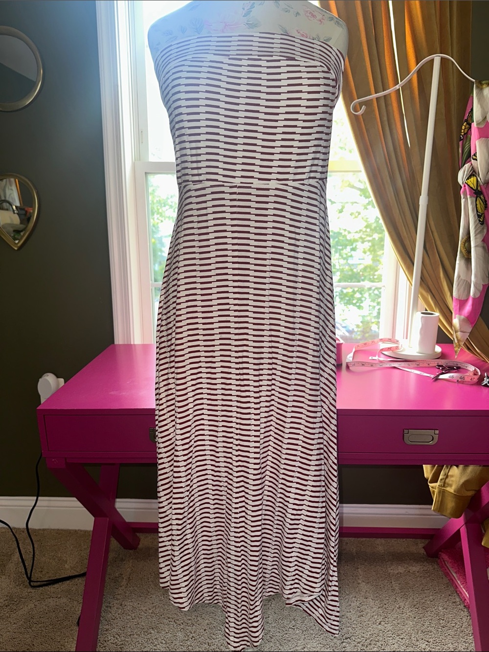 Women’s Strapless Maxi Dress in White and deep red Stripe